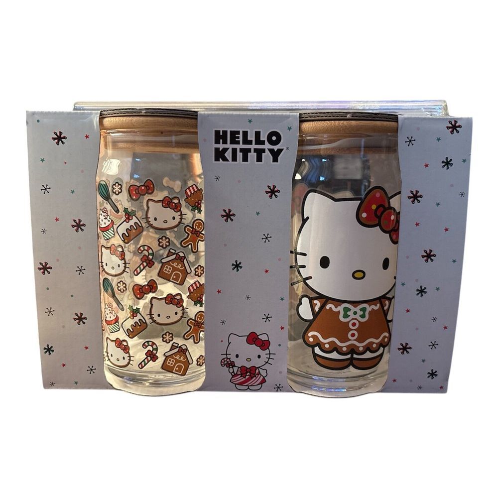 Hello Kitty‎ Christmas Gingerbread Glass Tumbler W/ Straw 16oz Set of 2